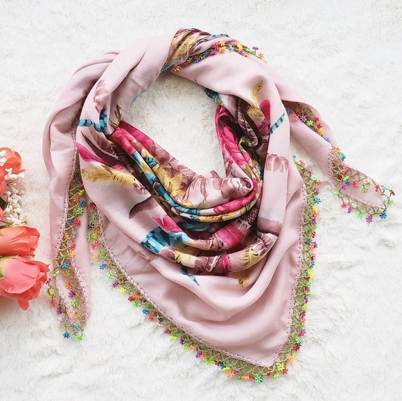 Accessories - Exotic Hand Made Beaded Needle Lace Floral Scarf